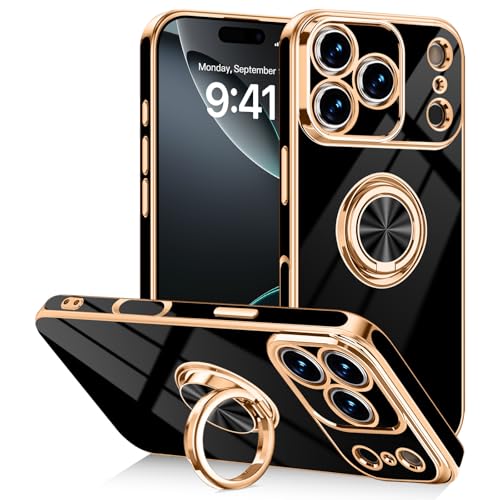 Designed for iPhone 17 Pro Max Case with Ring Stand Slim Black | 360° Rotatable Finger Holder, Support Magnetic Car Mount, Soft TPU Electroplated, Full Lens Protection, Shockproof Phone Case - color: Black, size: 6.9'' iPhone 17 Pro Max