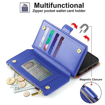 Antsturdy for iPhone 14 Plus Phone Wallet Case Women,Purple Blue | RFID Blocking,with Credit Card Holder Slots,PU Leather Purse,Zipper Pocket,Wrist Strap Kickstand,Flip Folio Cover for Men - color: Purple Blue