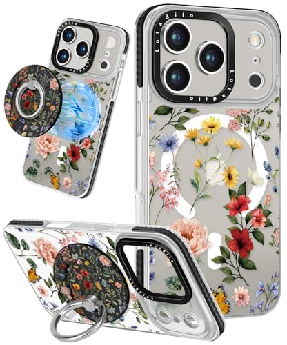 Lotadilo for iPhone 17 Pro Case Compatible with Magsafe Ring Holder Stand - for Women Retro Flower Design TPU Phone Cover for Girls Girly Funny Fashion - color: Retro Flower, size: for iPhone 17 Pro