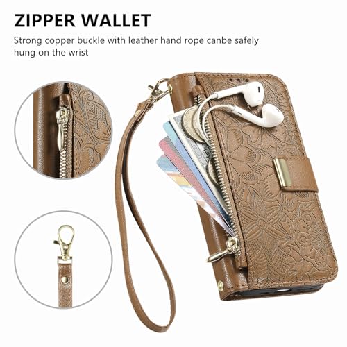 for iPhone 17 Phone Case Wallet, Brown | Built-in Card Holder (8-10 Cards), Zipper Pocket, Wrist Strap, Stand Kickstand, Flower PU Leather Protective Phone Case Women - color: Brown, size: iPhone 17
