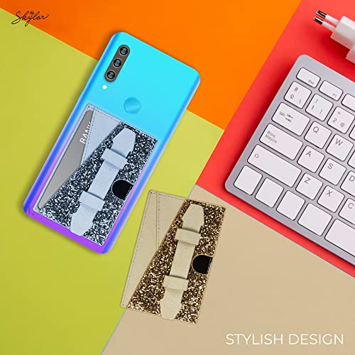 Stick On Phone Wallet, Finger Strap, Credit Card Holder, Faux Leather, Blue - color: Blue