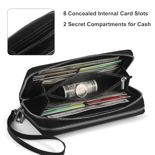 Double Zipper Wallet for Women RFID Blocking Cellphone Wristlet Large Size Multi Card Clutch Purse with Removable Strap, Black - color: Black