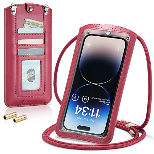 Small Crossbody Bag Cell Phone Purse for Women Men Leather Mini Shoulder Bag Wallet Case with Card Holder Slot Necklace Lanyard for All phones iPhone Samsung Google up to 7.3" Red - color: Red