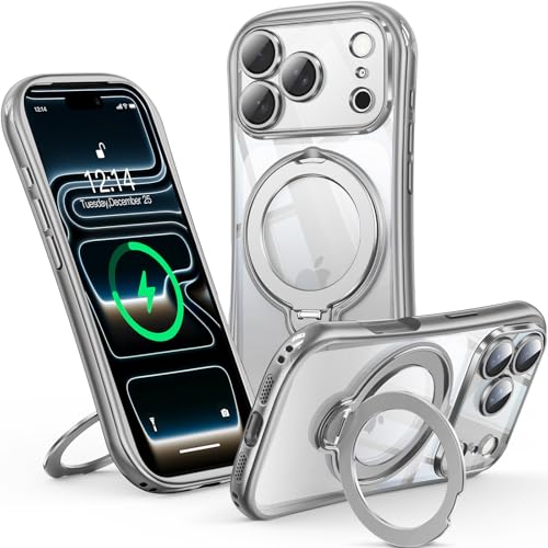 Reukdnv 360° Spin Magnetic Stand for iPhone 17 Pro Case [Full Camera Protection] [Fit for MagSafe] [Anti-Yellowing] Shockproof Protective Kickstand Plating TPU Cover for 17 Pro 6.3", Silver - color: Silver, size: iPhone 17 Pro