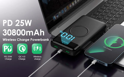 Wireless Portable Charger 30800mAh,15W Wireless Charging 25W PD QC4.0 Fast Charging USB-C Power Bank, 4 Output Travel Essential External Battery Pack Compatible with iPhone 17/16/15/14,Galaxy,Android - color: A-Matte Black