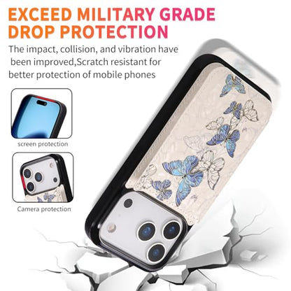 UEEBAI Wallet Case for iPhone 17 Pro Max with Card Holders, PU Leather Floral Cover Kickstand RFID Blocking Double Magnetic Clasp Rilievo Flower Flip Case for Women Girls - Blue Butterfly | PU Leather Cover, Kickstand, RFID Blocking, Double Magnetic Clasp