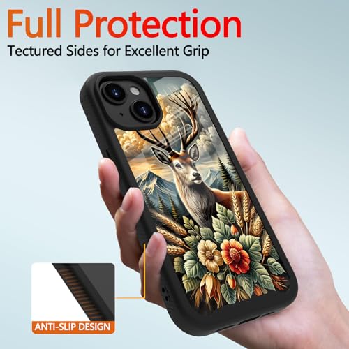 Compatible with iPhone 14 / iPhone 13 Case – Rugged Full-Body Protective Cover for Women Men Dual Layer Shockproof Bumper, Heavy-Duty Phone Case - Deer Flower Mountain 115 - color: Deer Flower Mountain 115