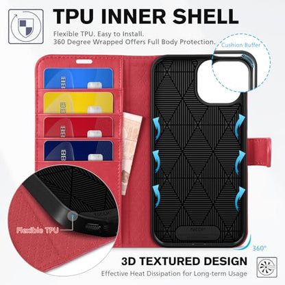 TUCCH Wallet Case for iPhone 15 (6.1") 2023, 4 Card Holders, Red | RFID Blocking, Viewing Stand, Shockproof TPU Shell, PU Leather, Magnetic Closure, Protective Folio Flip Cover - color: Red