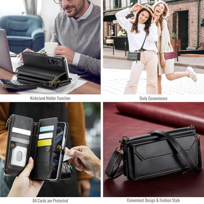 Strapurs Crossbody Wallet Case Compatible with Samsung Galaxy Z Fold 4 with RFID Blocking Card Holder & Pen Holder Slot Soft PU Leather Shoulder Strap Zipper Pocket Purse Fold 4 Phone Case, Black | RFID Blocking 5-Card Holder, Shoulder Lanyard, Wirst Stra