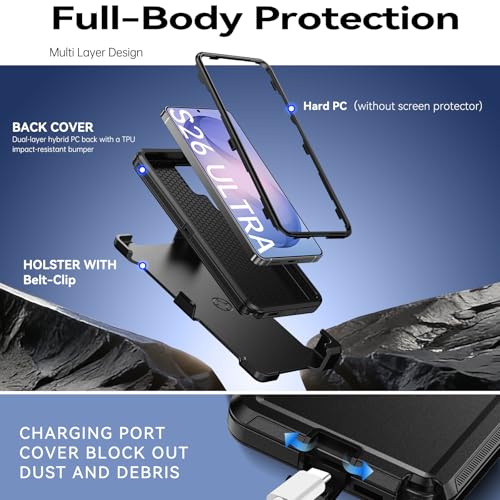 DUEDUE for Samsung Galaxy S26 Ultra Case with Belt Clip Holster Shockproof 3-Layer Heavy Duty Kickstand Cover Full Body Protective Rugged Phone Case for Samsung S26 Ultra 6.9", Black - size: for Samsung S26 Ultra 6.9"