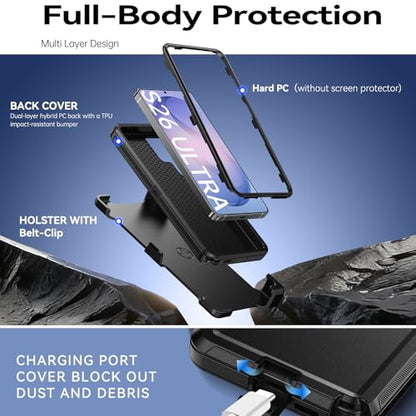 DUEDUE for Samsung Galaxy S26 Ultra Case with Belt Clip Holster Shockproof 3-Layer Heavy Duty Kickstand Cover Full Body Protective Rugged Phone Case for Samsung S26 Ultra 6.9", Black - size: for Samsung S26 Ultra 6.9"