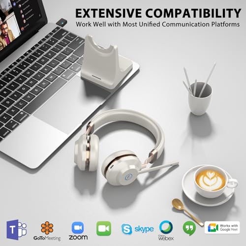 Wireless Headset with Mic for Work, V5.2 Bluetooth Headset with Microphone Noise Canceling & Charging Base, Wireless Headphones with Mic Mute Button & USB Dongle 45Hrs for Laptop/PC/Call Center/Home