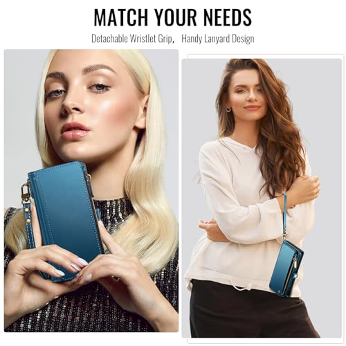Defencase for iPhone 14 Plus Wallet Case with RFID Card Holder, Dark Blue | Durable Soft PU Leather, with Zipper Pocket, Wrist Strap, Fashion Snap Flip Phone Cases Cover with Stand for Women and Men - color: Dark Blue