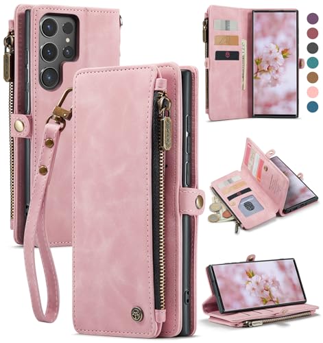 Defencase for Samsung Galaxy S22 Ultra Wallet Case with Card Holder, Pink | Durable PU Leather, with RFID Blocking Zipper Pocket, Wrist Strap, S22 Ultra Flip Phone Cases Cover with Stand for Women Men - color: Airy Rose Pink