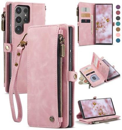 Defencase for Samsung Galaxy S22 Ultra Wallet Case with Card Holder, Pink | Durable PU Leather, with RFID Blocking Zipper Pocket, Wrist Strap, S22 Ultra Flip Phone Cases Cover with Stand for Women Men - color: Airy Rose Pink