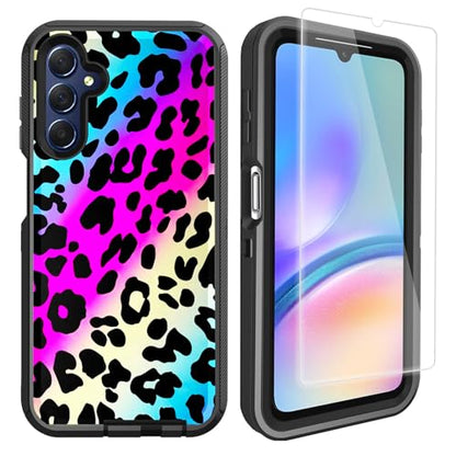 Compatible Samsung Galaxy A15 5G Case - Cute Neon Leopard Cheetah Rainbow with Screen Protector for Women Girls - Military Grade Protection - Heavy Duty Shockproof 6.5 inch - color: Rainbow Leopard