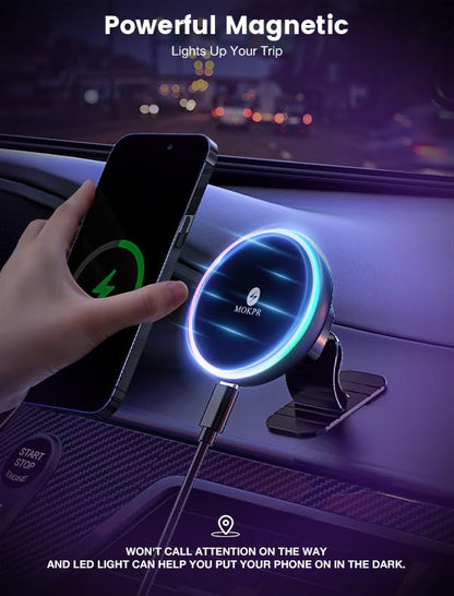 for Magsafe Car Mount Charger 15W LED RGB Car Phone Holder for Dash Vent - color: A Colorful Charger
