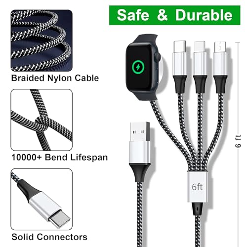 TOP-UP Multi Charging Cable for Apple Watch Charger (6FT) – 4 in 1 Braided Cord for Multiple Devices, USB C/Micro/Multi Charger Compatible with iWatch Series 11–1, iPhone 17/16/15/14, iPad