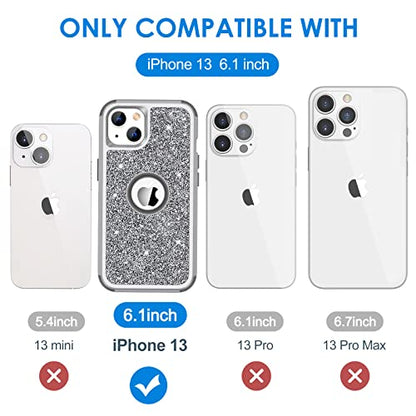 Hython Case for iPhone 13 Case Glitter, Cute Sparkly Shiny Bling Sparkle Cover, Heavy Duty 3 in 1 Hybrid Hard PC Soft TPU Bumper Full Body Shockproof Protective Phone Cases for Women Girls, Gray - color: Gray