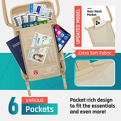 Alpha Keeper Neck Wallet, Travel Pouch For Passport Holder And Documents, RFID Blocking, Beige, Unisex Adult, Travelers, Adults - color: Beige