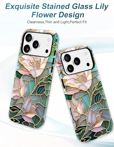 Jusy Magnetic Stained Glass Floral Case for iPhone 16e/17e, Lily | Compatible with MagSafe, Cute Aesthetic Flower Design, TPU and PC Protective Phone Cover - color: Lily