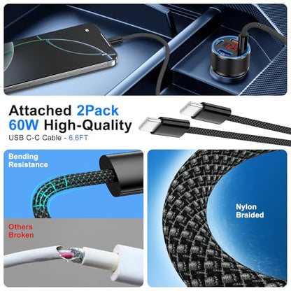USB C Car Charger for iPhone 17, 65W 4-Port Voltmeter Car Charger Adapter - color: Black