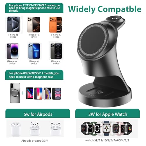 Wireless Charger,3 in 1 Magnetic Wireless Charger Stand, Fast Wireless Charging Dock for iPhone17/16/15/14/13/12 Series, Apple Watch Series, AirPods Pro. - color: Black