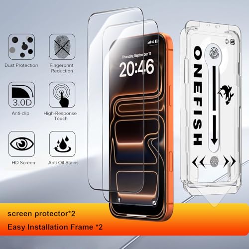 OneFish for iPhone 17 Screen Protector 6.3 inch HD Clear, 2 Pack | Tempered Glass Full Coverage , 9H Hardness Scratch Resistant , Anti-Fingerprint ， Easy Installation - size: iPhone 17