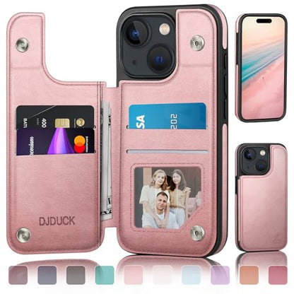 DJDUCK Designed for iPhone 15 Case Wallet with Card Holder, [Magnetic Clasp Cover] [RFID Blocking Leather Protection] Shockproof Women Men Cases 6.1 Inch for Apple 15 Rose Gold - color: Rose Gold