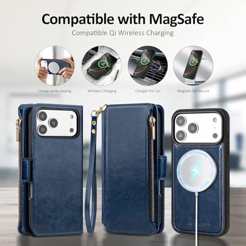 Antsturdy Compatible with MagSafe iPhone 17 Pro Max Wallet Case,Dark Blue | Detachable Magnetic Credit Card Holder,RFID Blocking,PU Leather Zipper Purse,Wrist Strap Kickstand,Flip Phone Cover for Women - color: (Detachable with Magsafe)-Dark Blue