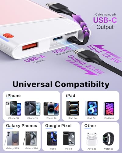Aaoyun Portable Charger Power Bank, 10000mAh 22.5W PD Fast Charging Powerbank with Built-in USB C Cable, Slim External Phone Battery Pack for iPhone 17/16/15 Samsung S24 Android etc (Pink) - color: Pink