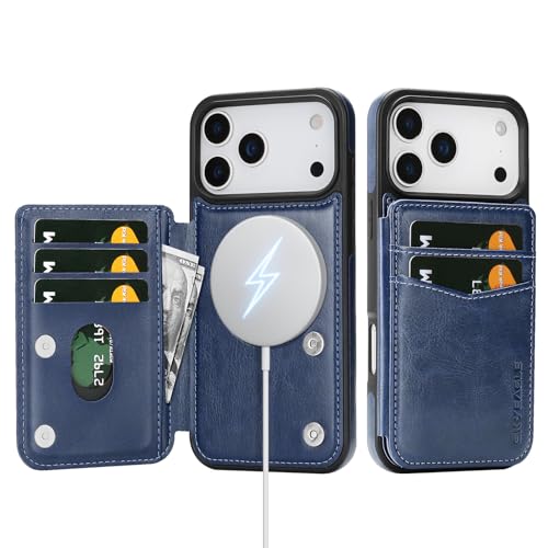 SkyEagle Compatible with MagSafe iPhone 17 Pro Case Wallet,Blue | Magnetic Clasp,RFID Blocking,PU Leather,Flip Folio Shockproof Phone Cover,with Credit Card Slots & Kickstand for Men & Women - color: Blue, size: iPhone 17 Pro - 6.3"