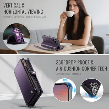 Defencase for iPhone 17 Phone Case Wallet Compatible with Magsafe, Purple | Magnetic Detachable, Drop-Proof Protective Wallet Cases Cover, with RFID Bolcking Card Holder, Zipper Strap, Soft PU Leather - color: (Detachable with Magsafe)-Purple