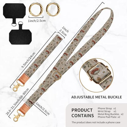 Phone Lanyard Crossbody Wrist Strap, Universal Adjustable Neck Strap for Phone Case Keys ID Badges, Travel Essential - color: Brown Boho Mushroom