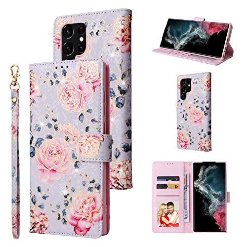 UEEBAI Wallet Case for Samsung Galaxy S23 Ultra 5G, PU Leather Phone Case Kickstand RFID Blocking Flip Case Card Slots Wrist Strap Relief Engraved Pattern Magnetic Closure Folio Case - Purple Rose - color: Purple Rose, size: Samsung Galaxy S23 Ultra 5G