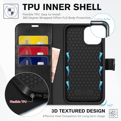 TUCCH Wallet Case for iPhone 13 (6.1"), 3 Card Holders, Black & Light Blue | RFID Blocking, Viewing Stand, Shockproof TPU Shell, PU Leather, Magnetic Closure, Protective Folio Flip Cover - color: Black & Light Blue