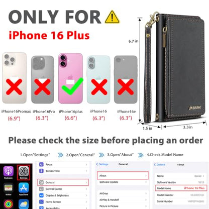for iPhone 16 Plus Wallet Case, Detachable Magnetic Shockproof Phone Case,Faux Leather Crossbody Wallet,with RFID Blocking，Zipper Card Holder，Shoulder Strap (Black) - color: Black, size: iPhone 16 Plus