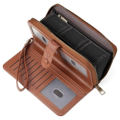 SENDEFN Women's Credit Card Holder RFID Blocking Zip Around Leather Wallet Large Capacity Long Purse with Wristlet - color: Brown