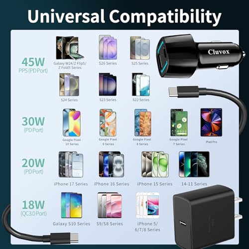 45W Super Fast USB C Car Charger and Wall Charger Block for Samsung/iPhone
