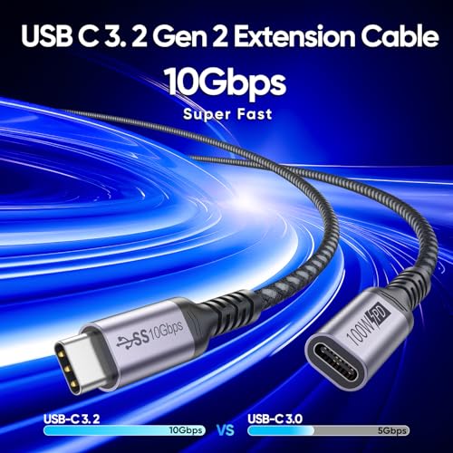 USB C Extension Cable 6.6ft, 4K@60Hz Video/10Gbps Data Transfer/100W Charge - size: 6.6 Feet