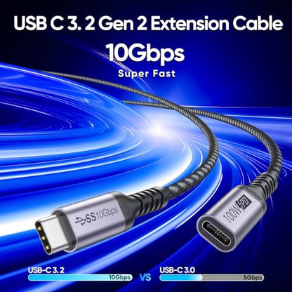 USB C Extension Cable 6.6ft, 4K@60Hz Video/10Gbps Data Transfer/100W Charge - size: 6.6 Feet