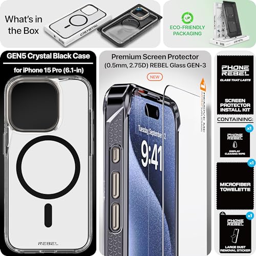 REBEL Clear Case for iPhone 15 Pro [Crystal Series Gen-5] Strong MagSafe Compatible, Anti-Scratch, Non-Yellowing, Protective Shockproof Bumpers, Metal Lens & Buttons, 6.1 Inch Phone 2023 (Black) - color: Crystal Black, size: iPhone 15 Pro