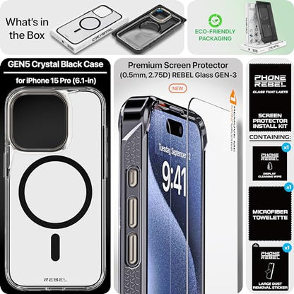 REBEL Clear Case for iPhone 15 Pro [Crystal Series Gen-5] Strong MagSafe Compatible, Anti-Scratch, Non-Yellowing, Protective Shockproof Bumpers, Metal Lens & Buttons, 6.1 Inch Phone 2023 (Black) - color: Crystal Black, size: iPhone 15 Pro