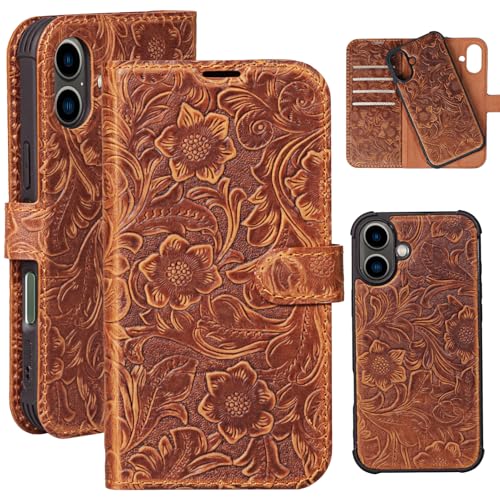 Leather Case Compatible with iPhone 16 Plus Wallet 6.7" Dark Brown | Genuine Leather 2in1 Magnetic Detachable Shockproof Kickstand,Flip Folio Cover with Card Slot,Wireless Charging RFID Blocking - color: Dark brown, size: 16 Plus