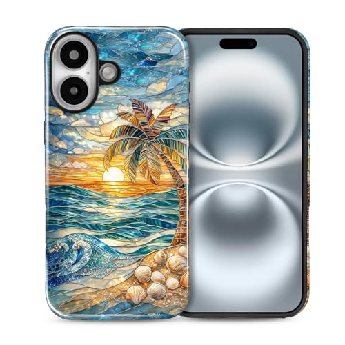 Case for iPhone 16, Dual Layer Phone Cover, Stained Glass Beach Palm | Shockproof Hybrid Phone Case, Soft TPU and Hard PC, Durable Anti-Scratch Protection - color: Stained Glass Beach Palm, size: Iphone 16