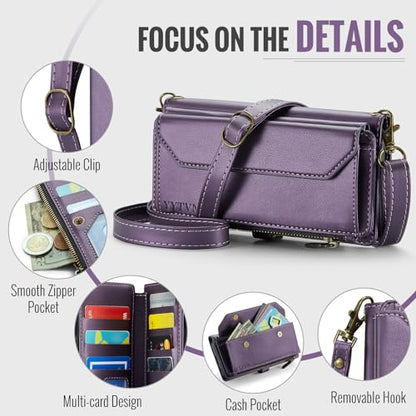 for Samsung Galaxy S23 FE Wallet Case with Card Holder, Purple | RFID Blocking Slots, Crossbody Lanyard, Wrist Strap, Zipper Pocket Purse Handbag, Magnetic Closure - color: Purple, size: Galxay S23 FE