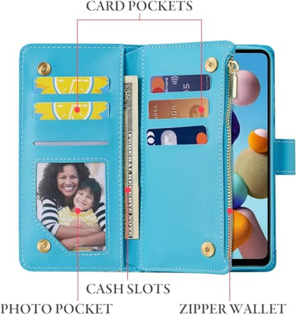UEEBAI Wallet Case for Samsung Galaxy S24 Plus/S25 Plus 5G, PU Leather Wallet Magnetic Closure Handbag Zipper Pocket Cover Kickstand Card Slots with Hand Strap Marble Flip Case Women - Marble Blue - color: Marble Blue, size: Samsung Galaxy S24 Plus/S25 Pl