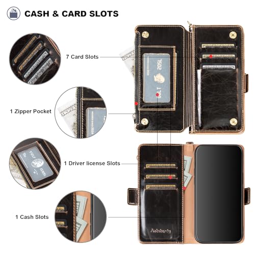 Antsturdy for iPhone 17 Pro Phone Wallet Case Women,Coffee | RFID Blocking,with Credit Card Holder Slots,PU Leather Purse,Zipper Pocket,Wrist Strap Kickstand,Flip Folio Cover for Men - color: Coffee