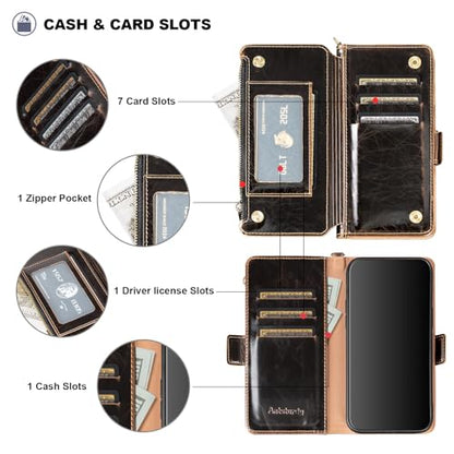Antsturdy for iPhone 17 Pro Phone Wallet Case Women,Coffee | RFID Blocking,with Credit Card Holder Slots,PU Leather Purse,Zipper Pocket,Wrist Strap Kickstand,Flip Folio Cover for Men - color: Coffee