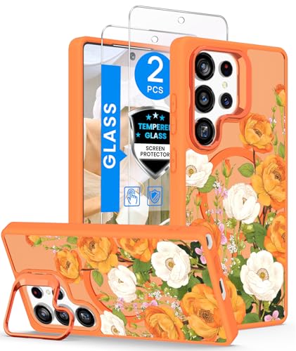 Dretal Magnetic Matte Floral Phone Case for Samsung Galaxy S26 Ultra-Orange | Built-in Lens Stand,Screen Protector,Compatible with MagSafe,Shockproof Women Girls Flower Pattern Cover for S26 Ultra 5G - color: Orange